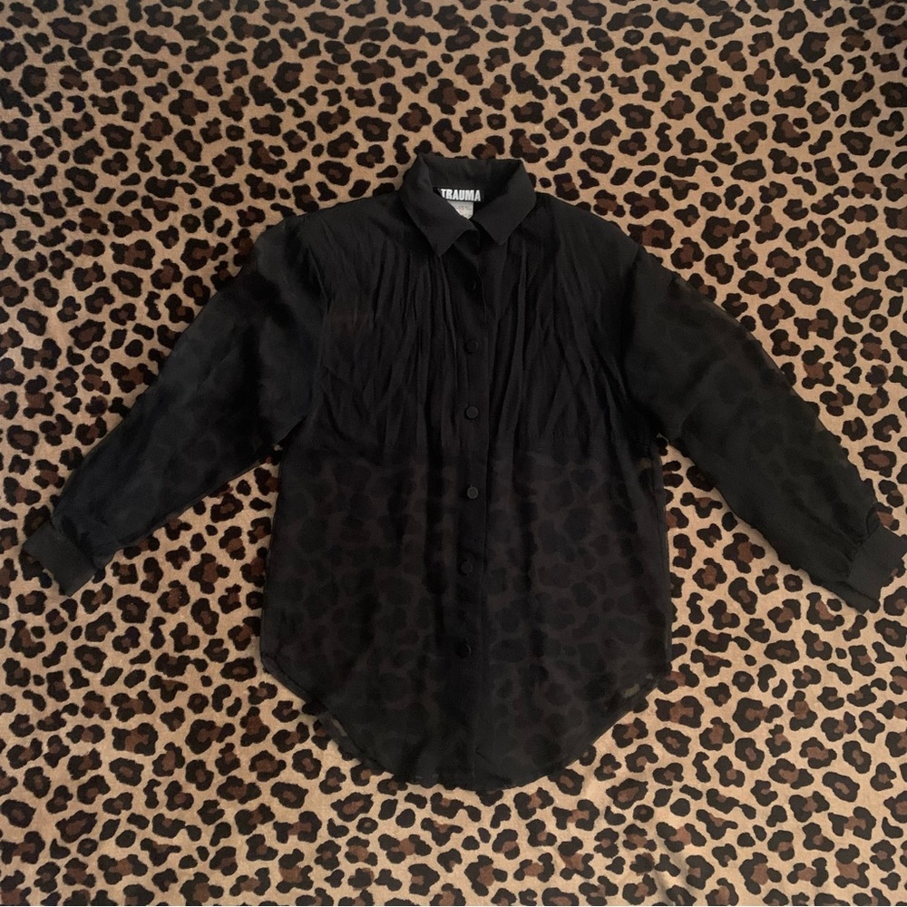 80s vintage goth oversized button up mesh blouse with shoulder pads